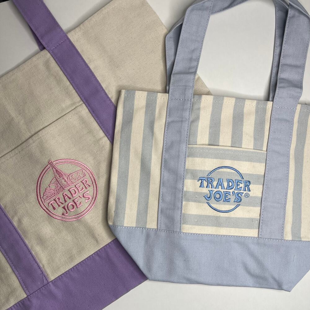 Set of 2 — Trader Joe’s Canvas Tote Bags — Large Size PURPLE + Mini STRIPE BLUE